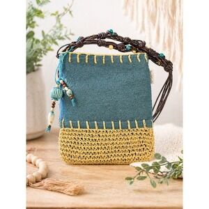 Sun N Sand Boho Crossbody Bag Teal Canvas Straw Crochet Beaded Strap Mixed Media